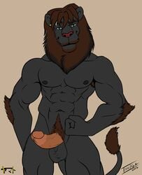 1boy 2016 abs anthro armpits balls biceps big_penis black_fur brown_hair erection feline fur furry ishiga-san lion male male_only mammal muscular muscular_male nipples nude pecs penis simple_background smile solo species_transformation standing yamato_iouko