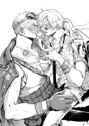 2boys 2d 2d_(artwork) 2d_artwork 2male 2males 2man 2men bandage bandaid bandaid_on_face bandaid_on_forehead bite bite_mark bite_mark_on_neck bite_mark_on_shoulder blush blush_lines blushing blushing_male chain chain_necklace colorless facial_hair fully_clothed fully_dressed gay gay_male gay_sex gloves goggles goggles_on_head grabbing_neckwear homo homoerotic homosexual homosexual_male homosexual_sex jacket_on_shoulders jinzxz male male_only manga_style one_piece open_eyes pants ring rings roronoa_zoro saliva saliva_drip saliva_string saliva_trail sanji sanji_(one_piece) short_hair side_burns sitting sitting_down sitting_on_another sitting_on_lap sitting_on_person skinny_jeans skinny_male smoking smoking_cigarette sticking_out_tongue sticking_tongue_out tank_top tongue tongue_out unbuttoned unbuttoned_shirt uncolored vinsmoke_sanji yaoi zoro_(one_piece)