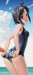 1boy 1girls ass buttjob cum cum_on_ass female handjob idolmaster kikuchi_makoto looking_back makoto_kikuchi one-piece_swimsuit penis