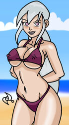 1girls arms_behind_back bare_legs bare_shoulders beach ben_10 bikini blush breasts cartoon_network charmcaster cloud female female_only hips large_breasts legs lipstick long_hair looking_at_viewer omarsin pink_eyes purple_bikini purple_lipstick sand shiny shiny_skin silver_hair sky smile standing stomach very_long_hair water