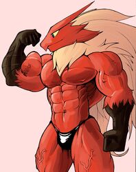 1boy abs anthro avian bada-butterfly beak blaziken blue_eyes clothing flexing male male_only muscular nintendo nipples pink_background pokemon pokemon_(species) smile solo speedo standing swimsuit topless underwear veins video_games yellow_sclera