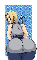 1girls ass back_view bent_over big_ass blonde_hair brown_eyes female female_only lipstick long_hair looking_at_viewer looking_back naruto nose omarsin smile solo tsunade