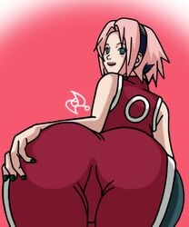 1girls ass bare_shoulders big_ass blush clothes dat_ass female female_only fingers green_eyes hand_on_ass hands happy japanese_clothes nails naruto naruto_(classic) ninja omarsin open_mouth pink_background pink_hair pov sakura_haruno shiny shiny_skin short_hair smile solo