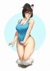 ass bare_legs big_ass big_breasts blizzard_entertainment blush boots bottomless breasts brown_hair chubby cleavage curvy dandon_fuga female female_only fur_boots glasses human large_breasts mei_(overwatch) overwatch solo standing thick_thighs