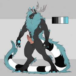 1boy 2015 4_fingers 4_toes abs alternate_species animal_genitalia anthro antlers asura_(character) balls barbed_penis biceps black_balls black_fur black_nipples black_tail blue_eyes blue_fur blue_hair blue_tail blue_tongue booou cervine claws color_swatch digitigrade elbow_tufts front_view fur grey_background grey_horn grey_nose hair hi_res horn hybrid_penis knot leg_tuft looking_at_viewer male male_only mammal model_sheet monster multicolored_fur multicolored_tail muscular muscular_male neck_tuft nipples nude penis pink_penis pubes ridged_penis ringed_tail sheath simple_background solo standing tail_tuft teeth toe_claws toes tongue tongue_out tuft white_fur white_tail whitefoxy94