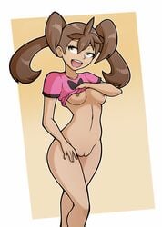 bottomless breasts dark-skinned_female dark_skin female flashing green_eyes human_only looking_away navel nintendo nipples pokemon pokemon_xy pussy quad_tails santystuff shauna_(pokemon) shirt_lift simple_background smile solo standing undressing white_background