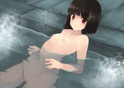 1girls akemiho_tabi_nikki black_hair breasts female fukube_tamaki kouno_hikaru navel nipples nude onsen partially_submerged pussy red_eyes short_hair small_breasts solo wooden_floor