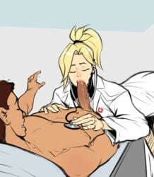 animated bent_over blizzard_entertainment blonde_hair clenched_teeth closed_eyes clothed_female_nude_male cum cum_in_mouth doctor fellatio female gif izra just_the_tip labcoat lying male mercy on_back oral overwatch patient ponytail stethoscope straight swiss swiss_flag tied_hair