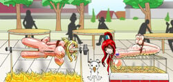 2girls barbecue big_breasts black_eyes blonde_hair bondage breasts brown_eyes cooking erza_scarlet fairy_tail female gore grilled guro gynophagia humiliation impalement jim_sugomi large_breast literal_spitroast long_hair lucy_heartfilia multiple_girls nude outdoor outside pale_skin public pun_pun red_hair roasting roasting_spit straight_hair torture vaginal_all_the_way_through yellow_hair