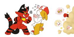 2boys anthro anthrofied barefoot baseball_cap black_fur blush canine dialogue erection eye_contact feline fight fight_cloud fighting_stance fist foreskin furry gay half-erect hat leaning leaning_back male male_only mammal nintendo nude oob oob_(character) pawpads paws penis poke_ball pokemon pokemon_sm red_fur scared sequence smile smirk standing tail testicles text torracat uhoh uncut veins veiny_penis video_games wide_eyed yaoi