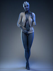 1girls 3d alien asari asarimaniac blue_skin bottomless cleavage clothing female female_only gradient_background jacket liara_t'soni mass_effect naked_jacket open_clothes open_jacket pussy solo undressing