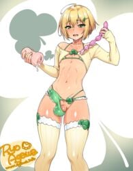 1boy artificial_vagina balls bulge cum erection erection_under_clothes femboy four-leaf_clover four_leaf_clover girly male male_only onahole otokonoko panties penis penis_in_panties penis_under_clothes ryo_agawa saint_patricks_day sex_toy st._patrick's_day testicles thick_thighs thighhighs thighs trap