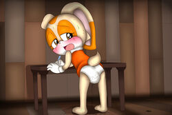 2013 anthro ass bent_over birth blocked_birth blush brown_eyes clothed clothing cream_the_rabbit crying dress english_text female generalbunbun labor lagomorph mammal panties panty_birth pregnant pussy_juice rabbit solo sonic_(series) table tears text underwear