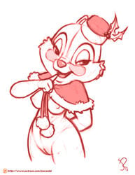 2015 anthro bedroom_eyes bottomless breasts chip_'n'_dale chip_n_dale_park_life chipmunk christmas clarice_(chip_n_dale) clothed clothing colored disney female flashing half-closed_eyes hat holidays joe_randel looking_at_viewer mammal monochrome nipples open_mouth partially_clothed pussy rodent rough_sketch seductive signature simple_background smile solo text two_chips_and_a_miss white_background