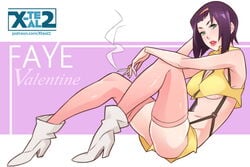 1girls artist_logo breasts character_name cigarette cowboy_bebop faye_valentine female green_eyes hairband high_heels human large_breasts legs pale-skinned_female pale_skin patreon_url pink_background purple_hair short_hair smoking solo white_background x-teal