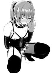 1boy ball_gag blush breast_cutout censored collar cum elbow_gloves erection femboy gag gloves heavy_breathing high_heels highres inari_(inariya) inari_(kimitama0902yahoocojp) looking_up penis restrained solo squatting thighhighs trap