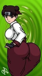 1girls angry ass big_ass black_gloves breasts brown_eyes brown_hair clothes dat_ass female female_only fingers gloves green_background hands large_breasts looking_at_viewer looking_back naruto ninja omarsin pants shiny shiny_skin solo standing tenten young