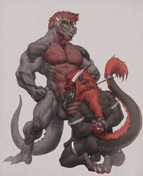 backsack balls bladerush_(character) bondage bound claws cum cum_in_mouth cum_inside dinosaur dragon erection fellatio forced forge_(artist) gay kneeling looking_down male male/male male_only muscular muscular_male nude oral scalie sex shackles tagg yaoi