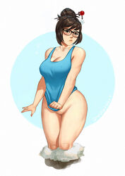 ass big_ass blizzard_entertainment blush boots bottomless chubby curvy dandon_fuga female female_only fur_boots glasses hairless_pussy human mei_(overwatch) overwatch pussy solo standing tank_top thick_thighs wide_hips