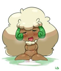 1girls after_sex animal_genitalia anthro blush brown_skin cotton cum cum_inside eyelashes female lightsource looking_at_viewer nintendo nude open_mouth orange_eyes pokemon pussy simple_background sitting smile solo spread_legs text tongue video_games whimsicott white_background