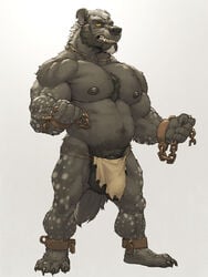 1boy anthro balls barely_visible_genitalia claws clenched_teeth clothing flaccid forge_(artist) fur furry gnoll hairy humanoid_penis ineffective_clothing loincloth looking_at_viewer male male_only mammal musclegut muscular muscular_male nipples penis penis_outline pubes shackles solo teeth uncut