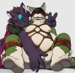 anthro balls blue_eyes bondage bone bound canine drooling duo fur furry gag green_fur japanese jewelry korosuke male mammal nipples orange_eyes overweight overweight_male purple_fur rope saliva simple_background smile white_fur wolf yaoi