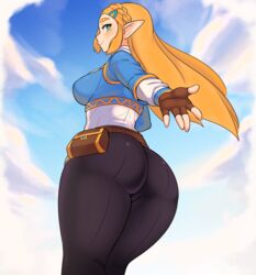 1girls alternate_version_available ass breasts breath_of_the_wild fully_clothed happy_female leggings looking_back nintendo princess_zelda shnibbles sideboob the_legend_of_zelda thick_ass thick_thighs thighs yoga_pants zelda_(breath_of_the_wild)