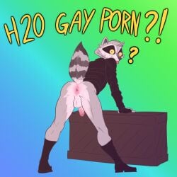 absurd_res alexdehell anthro anus ass balls black_body black_eyes black_fur clothed clothing english_text erection facial_markings fur genitals glans gradient_background grey_body grey_fur h2o_delirious head_markings hi_res humanoid_genitalia humanoid_penis looking_at_viewer looking_back male mammal markings mask_(marking) pantsless penis pink_anus pink_glans pink_penis presenting presenting_hindquarters procyonid question_mark raccoon raised_tail shoulder_pads simple_background solo striped_body striped_fur striped_markings striped_tail stripes tail tail_markings text tongue tongue_out white_balls white_penis yellow_sclera