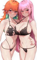 2girls blush breast_press cute duo embarrassed embarrassed_female female_only hand_around_waist hand_on_partner hand_on_partner's_hip hololive hololive_english large_breasts lessone light-skinned_female lingerie looking_away_from_partner mori_calliope mound_of_venus non-nude orange_hair pink_hair pinup plain_background simple_background takanashi_kiara teal_hair two-tone_hair virtual_youtuber yuri