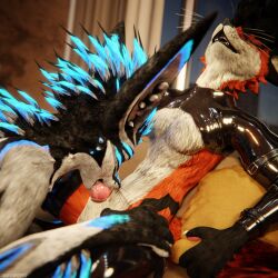 1:1 3d_(artwork) 4k absurd_res animal_genitalia animal_penis anthro anthro_on_anthro armwear balls biped black_body black_clothing black_fur blender_(artwork) blender_cycles_(artwork) blue_body blue_fur blue_penis bodily_fluids canid canine canine_genitalia canine_penis canis claws clothed clothing cum cum_dripping_from_penis cum_in_mouth cum_inside cum_on_penis depth_of_field digital_media_(artwork) dominant dragonplayer dragonplayer_(character) duo erection feet fellatio flat_balls fox fur furniture genital_fluids genitals grey_body grey_fur hair hi_res hindpaw hybrid inside jex kneeling kneeling_on_ground kneeling_oral_position kneeling_position knot latex latex_armwear latex_clothing latex_legwear latex_thigh_highs legwear living_room male male/male mammal multicolored_body nude octo_(octothekitsune) on_sofa open_mouth oral oral_penetration orange_body orange_fur orgasm paws penetration penile penis reflection rexouium sex sitting sitting_on_sofa slim slim_anthro slim_male slim_sub smile sofa submissive submissive_male tail thigh_highs white_body white_fur