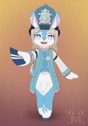 absurd_res aeval_(genshin_impact) anthro blue_body bottomless bow_ribbon casual_exposure clothed clothing coat envelope foreskin genitals genshin_impact hat headgear headwear hi_res humanoid_genitalia humanoid_penis jm-luxro looking_at_viewer male melusine_(genshin_impact) mihoyo partially_clothed penis purple_eyes rule_63 solo topwear white_body