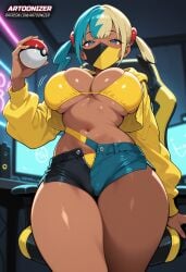 ai_generated aqua_hair artoonizer big_ass big_breasts blonde_hair blue_eyes blue_hair breasts canari_(pokemon) canary_(pokemon) computer computer_monitor crossed_legs dark-skinned_female dark_skin female gamer_chair gamer_girl gen_4_pokemon jacket large_breasts long_sleeves looking_at_viewer mask monitor mouth_mask multicolored_hair navel neon_lights patreon patreon_username pokeball pokemon pokemon_(creature) pokemon_legends:_z-a posing pussy shiny_skin short_hair short_twintails shorts sitting solo solo_female solo_focus split-color_hair stomach swimsuit swimwear thick_thighs toned_female twintails two-tone_hair two-tone_mask two-tone_shorts viewed_from_below wide_hips yellow_hair yellow_jacket