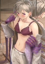 1girls blush bra breasts closed_mouth clothing contender_(girls'_frontline) feet_out_of_frame female female_only girls'_frontline gloves grey_hair indoors jaaku_(ra_9rara) mirror mirror_reflection multicolored_hair navel open_clothes open_shirt panties pants purple_eyes purple_hair reflection shirt short_hair small_breasts standing sweat sweatdrop underwear undressing water_bottle