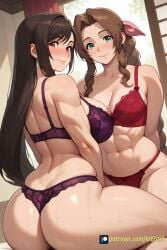 2girls abs aerith_gainsborough ai_generated alternate_muscle_size arms_behind_back artistia back bare_shoulders black_hair blush braid braided_ponytail brown_hair cleavage closed_mouth collarbone dangle_earrings earrings final_fantasy green_eyes hair_ribbon huge_ass indoors large_breasts lingerie long_hair looking_at_viewer looking_back muscular muscular_female navel patreon_logo patreon_username purple_bra purple_panties red_bra red_eyes red_panties sidelocks sitting smile stomach sweat thick_thighs thighs tifa_lockhart toned underwear_only