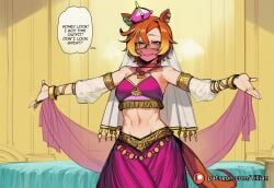 abs ai_generated alternate_costume animal_ears arabian_clothes bangs bare_shoulders bed blush bracelet breasts crown dancer detached_sleeves english_text female hair_between_eyes horse_ears horse_girl horse_tail indoors jewelry looking_at_viewer midriff mouth_veil navel open_mouth orange_hair outstretched_arms piercing purple_eyes ring see-through short_hair small_breasts smile solo speech_bubble spread_arms standing stomach t.m._opera_o_(umamusume) tail tillian umamusume umamusume_pretty_derby veil watermark