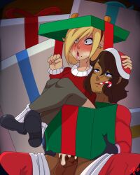 balls beard blonde_hair blush brown_body brown_hair brown_skin character_request christmas cum cumshot dalley_le_alpha female male oc original original_character original_characters penis pink_lips