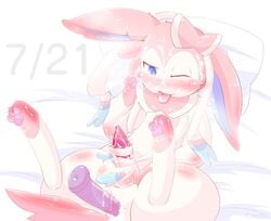 1boy anal anal_sex anus ass canine cosith cum cum_everywhere cum_on_face cum_on_penis dildo eeveelution erection feet furry legs_up lube male male_only male_sylveon masturbation messy nintendo nude on_back paws penetration penis pink_fur pokemon pokemon_(species) sex_toy sylveon testicles text tongue tongue_out video_games white_fur