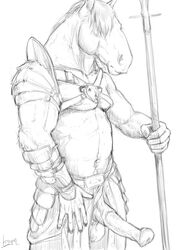 1boy 2015 5_fingers anatomically_correct anatomically_correct_penis animal_genitalia animal_penis anthro armor balls big_penis black_and_white clothed clothing draft_horse equine equine_penis erection front_view hair hair_over_eye holding_object holding_weapon horse horseballs horsecock humanoid_hands male male_only mammal melee_weapon monochrome navel pauldron pencil_(artwork) penis poking_out polearm portrait shire signature simple_background solo spear standing three-quarter_portrait traditional_media_(artwork) trogan unconvincing_armor vambraces weapon white_background