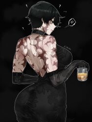 ... 1girls ? absurdres alcohol anger_vein artist_name ass backless_dress backless_outfit big_ass big_breasts black_background black_choker black_gloves black_hair breasts burn_scar choker commentary cup dress drinking_glass earrings elbow_gloves english_commentary female female_only floral_print floral_print_dress from_behind gloves green-haired_female green_hair gy_beth gybeth highres holding holding_cup ice ice_cube jewelry jujutsu_kaisen large_breasts looking_at_viewer looking_back muscular muscular_female print_dress scar scar_across_eye scar_on_face short_hair solo spoken_anger_vein spoken_question_mark yellow_eyes zenin_maki