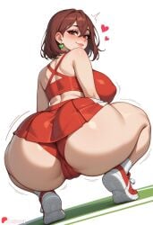 ai_generated ass at back background bangs behind blush breasts brown cameltoe cheerleader covered crop cute earrings eyes female focus footwear from hair heart huge huge_ass huge_breasts jewelry juswa large large_ass large_breasts lips looking nipples panties pleated red shoes short skirt smile sneakers socks solo squatting thicc thick thick_thighs thighs top underwear viewer white