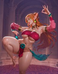 ai_generated architecture barefoot blood_elf bun_hair carpet dancer dancer_outfit dancer_position earrings elf elf_ears embroidery female flower_ornament flowing_clothing flowing_hair ginger_hair glowing_eyes gold_choker gold_collar green_eyes harem_outfit in_motion large_breasts long_hair nipple_bulge one_leg_raised one_leg_up palace pelvic_curtain pendant pointy_ears revealing_clothes rgomez007 royalty skimpy_clothes solo_female stable_diffusion thick_thighs tubetop underboob wide_hips world_of_warcraft