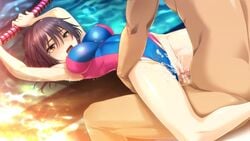 1boy anal arm_support armpits ass_grab black_hair breasts brown_eyes censored clothed_female_nude_male clothed_sex cum cum_on_lower_body cum_on_pussy erect_nipples female game_cg guilty ikoma_yui lying missionary one-piece_swimsuit open_mouth penis pool pussy rape sex short_hair straight swimsuit swimsuit_aside toriko_no_kusari water wet wince