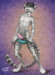 1boy 2015 4_toes 5_fingers anthro black_fur black_hair black_stripes black_tail blue_eyes claws clothed clothing codytiger collaboration digitigrade ear_piercing feline front_view full-length_portrait fur grin hair hi_res industrial_piercing jakthedrox long_tail looking_at_viewer male male_only mammal multicolored_fur partially_clothed pattern_background penis piercing pink_nose portrait presenting presenting_penis sayuncle signature simple_background solo standing striped_fur striped_tail stripes teeth tiger toes two_tone_fur two_tone_tail underwear underwear_pull whiskers white_fur white_tail white_tiger