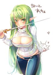 1girls bad_id bad_pixiv_id bikini_jeans blue_pants breasts built-in_thong casual cleavage cleavage_cutout clothing_cutout denim elsword female female_focus green_eyes green_hair icedango_(dpopic3) jeans large_breasts leaning_forward long_hair lowleg lowleg_pants matching_hair/eyes night_watcher_(elsword) open-chest_sweater pants pointy_ears rapier rena_erindel ribbed_sweater solo standing sweater sword thong turtleneck weapon white_background