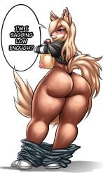 ass blonde-haired_female blonde_female blonde_hair blue_eyes blush breasts breasts_out dialog dialogue exposed_ass exposed_breasts exposed_nipples female female_focus female_only furry furry_female furry_only itsserinafox jasminefox tricked white_background