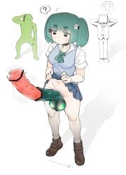 1futa ? animal_penis aqua_ascot aqua_hair ascot bar_censor blue_skirt blue_vest brown_shoes cannnonfoddder censored closed_mouth collared_shirt confused cube cube_hair_ornament cum cumdrip futanari hair_ornament hands_on_own_head hatsune_miku huge_cock jitome kaijuu_ni_naritai_(vocaloid) meme meme_inset mob_face monster mv_character necktie penis pixiv_logo pleated_skirt project_sekai sakuzyo_(person) shirt shocked_black_guy_(meme) shoes short_twintails skirt skirt_lift socks speech_bubble suit testicles thick_eyebrows twintails twitter_logo vest vocaloid white_shirt white_socks