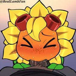 ai_generated anthro aroused_expression blowjob blush cheeks_bulge close_up closed_eyes cute deepthroat detailed_face dripping drool exaggerated_expression face_focus fellatio female fluid_drip from_above glistening glossy_fur green_leaves half_lidded_eyes humanoid irrumatio large_penis lewd light_skin motion_lines mouth_bulge oral orange_face penis penis_in_mouth plant_girl plants_vs_zombies plants_vs_zombies_heroes pleasure_face precum precum_drip reallambfan red_goggles saliva saliva_trail shiny_skin solar_flare_(pvz) solo sweat tan_skin tears tongue tongue_out veiny_penis yellow_petals