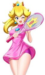 ;d absurdres bare_shoulders big_breasts bike_shorts blonde_hair blue_eyes blush breasts chinese_text crown dress earrings female highres holding holding_tennis_racket irohazakayouth jewelry large_breasts light_blush looking_at_viewer mario_(series) mario_tennis mario_tennis_fever nintendo one_eye_closed open_mouth pink_dress pink_shorts ponytail princess_peach princess_peach_(sports_dress) racket short_dress shorts sidelocks simplified_chinese_text sleeveless smile solo sphere_earrings tennis_dress tennis_racket thick_thighs thighs thin_waist white_background wide_hips wink winking winking_at_viewer