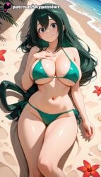 1girls 2026 ai_assisted ai_generated anime artist_name asui_tsuyu beach bikini boku_no_hero_academia breasts bust crab explicit flower green_bikini green_hair hi_res high_quality high_resolution highres laying_down leaf long_hair lying lying_on_back my_hero_academia navel on_back patreon patreon_username sand seashell shell side-tie_bikini skypassion solo stable_diffusion starfish swimsuit water watermark