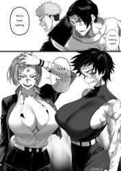 2boys 2boys2girls 2d 2d_(artwork) 2d_artwork 2girls 2girls2boys aged_up angry angry_expression angry_face artist_name big_breasts black_hair bottomwear breasts clenched_teeth clothing dialogue english_text female frown fully_clothed glasses itadori_yuuji jujutsu_kaisen kenjaku kugisaki_nobara kugisaki_nobara_(sukuna) male monochrome nesz possessed possession scar scars short-haired_female short-haired_male short_hair smile smiling sweat sweatdrop sword tattoo tattoos text text_bubble topwear twitter_username weapon wearing_glasses yuta_okkotsu zenin_maki